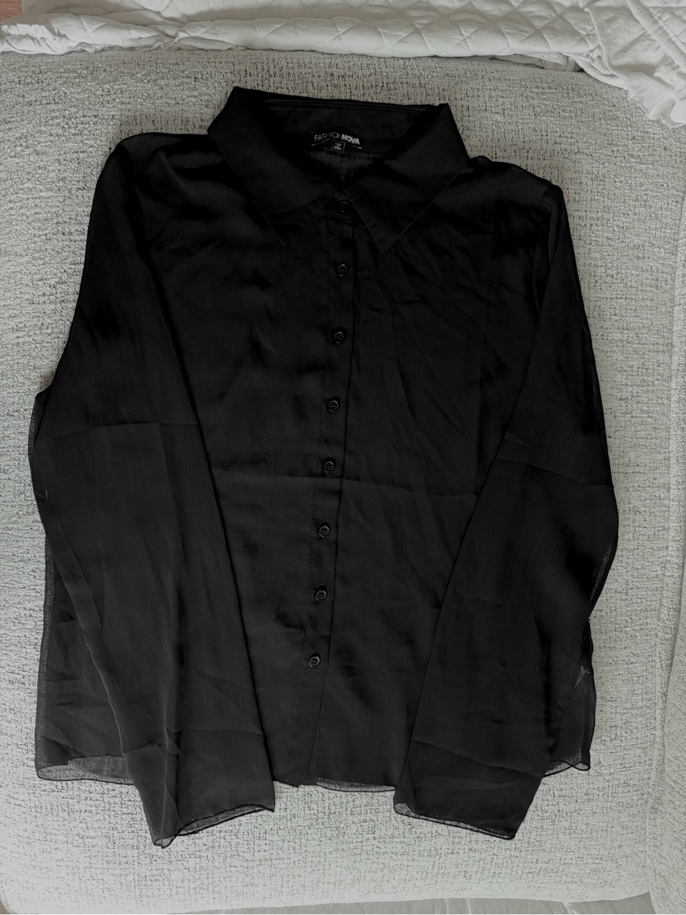 Fashion Nova Black Sheer Chiffon Button Front Collared Blouse Long Sleeve - L